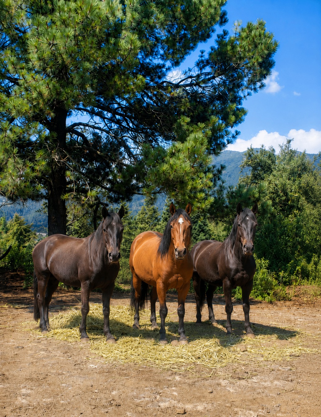 Tres caballos en el entorno natural del Ajusco, Ciudad de México