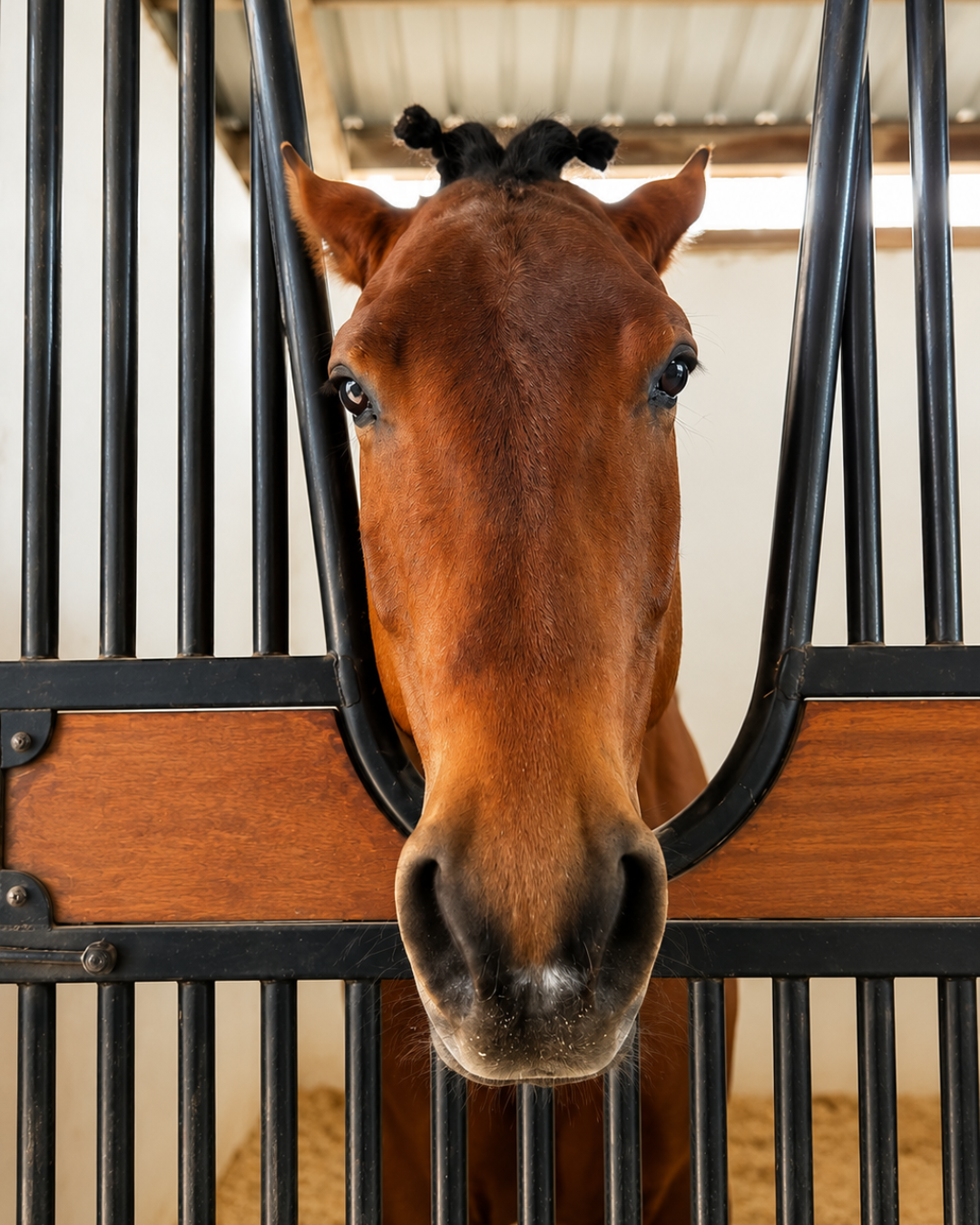 Lucifer, caballo de Corazón Equino, mirando sereno desde su box