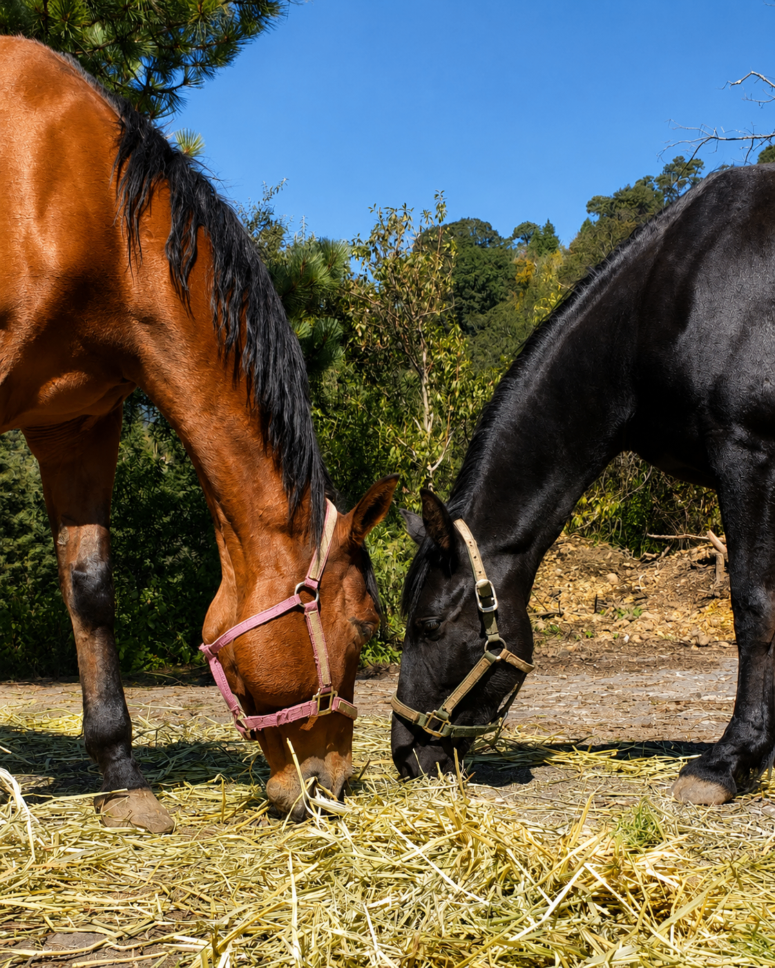 Lucifer y Lacan, caballos de Corazón Equino, pastando juntos en el Ajusco